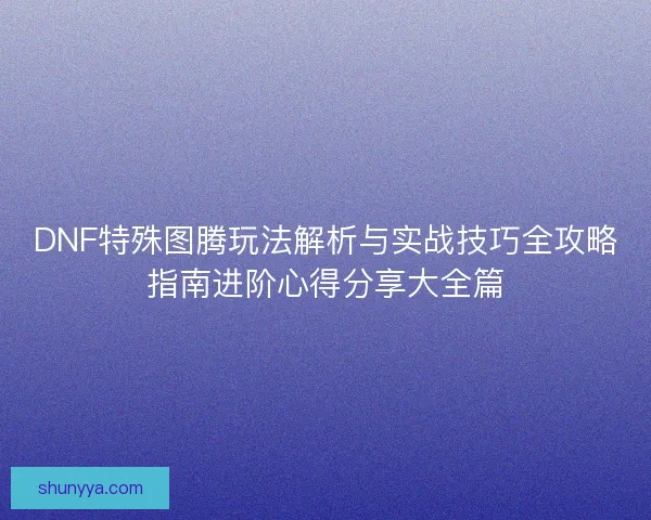 DNF特殊图腾玩法解析与实战技巧全攻略指南进阶心得分享大全篇
